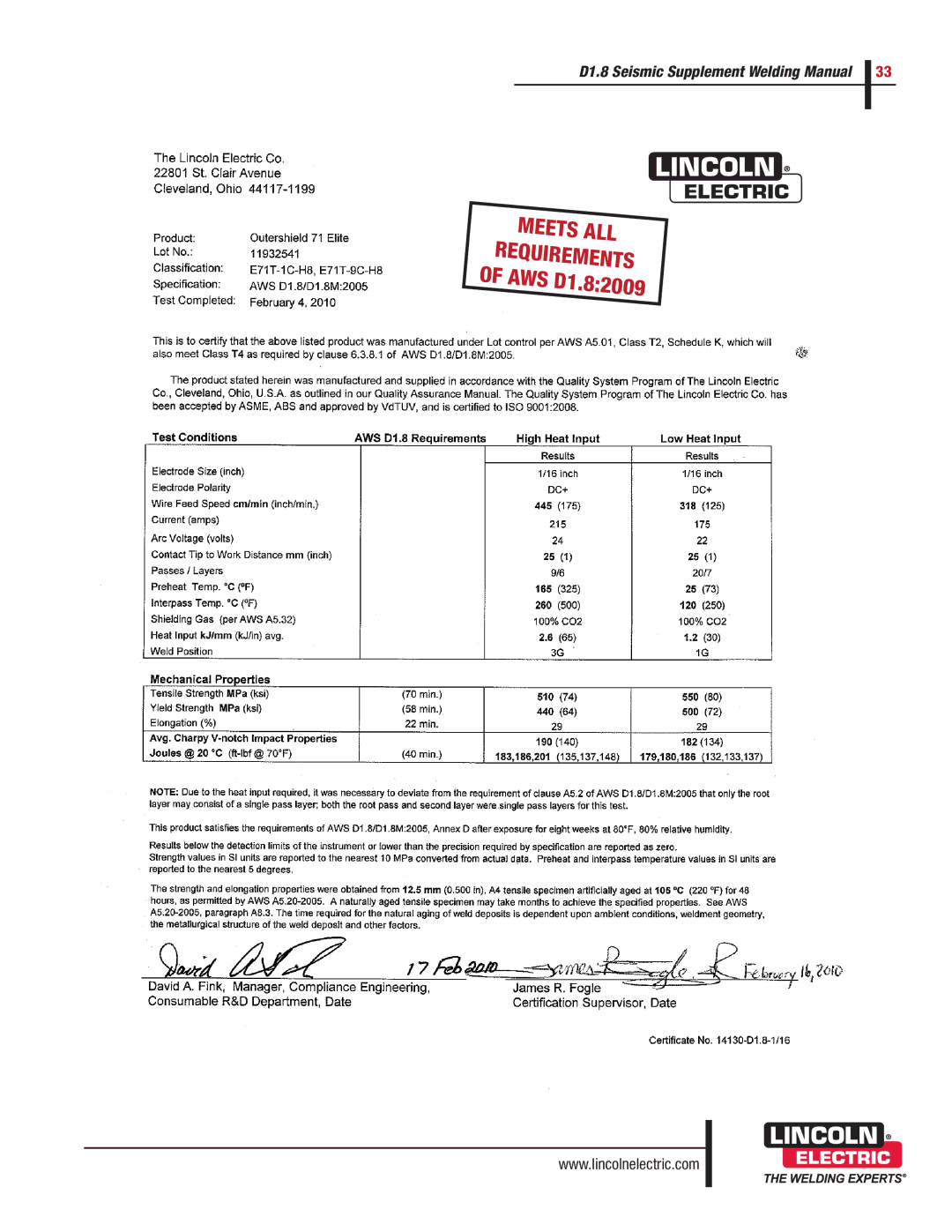 Lincoln Electric manual Meets ALL Requirements of AWS D1.82009 