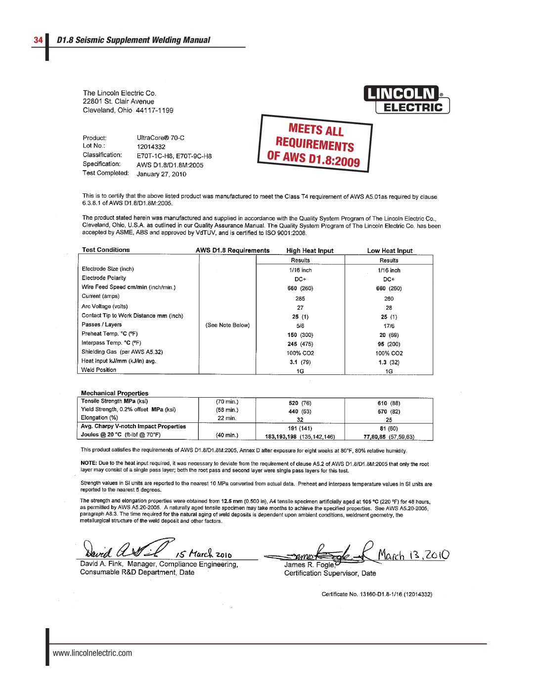 Lincoln Electric manual Meets ALL Requirements of AWS D1.82009 