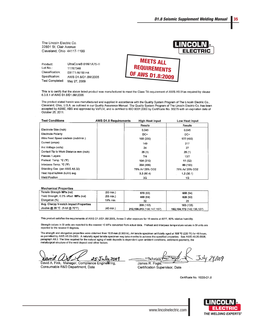 Lincoln Electric manual Meets ALL Requirements of AWS D1.82009 