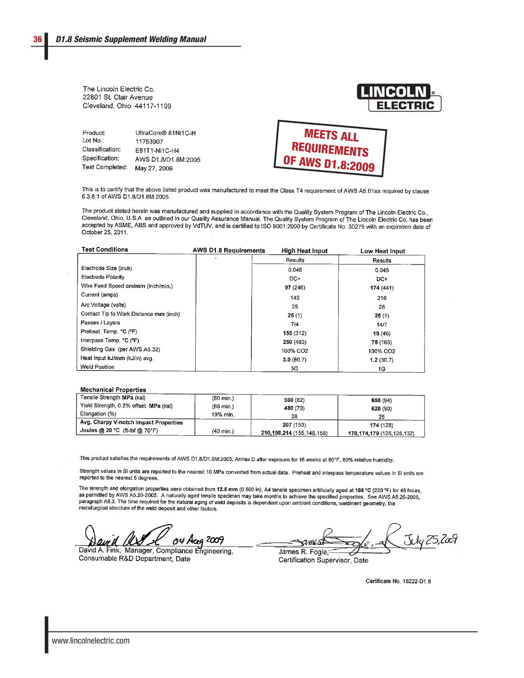 Lincoln Electric manual Meets ALL Requirements of AWS D1.82009 