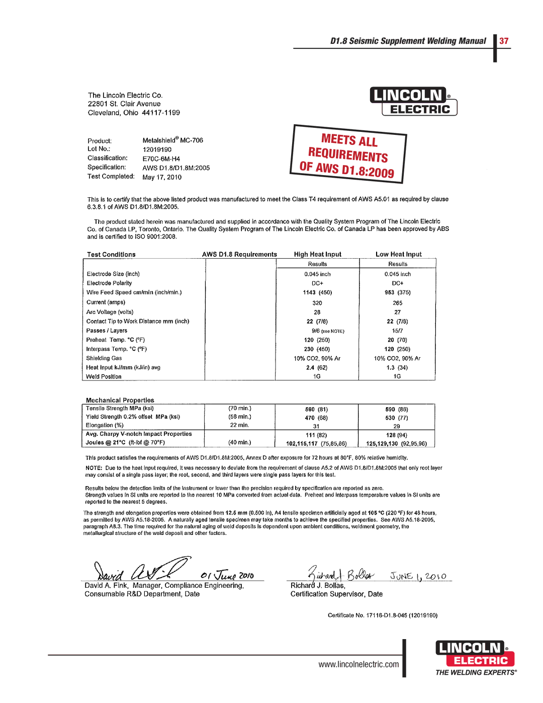 Lincoln Electric manual Meets ALL Requirements of AWS D1.82009 