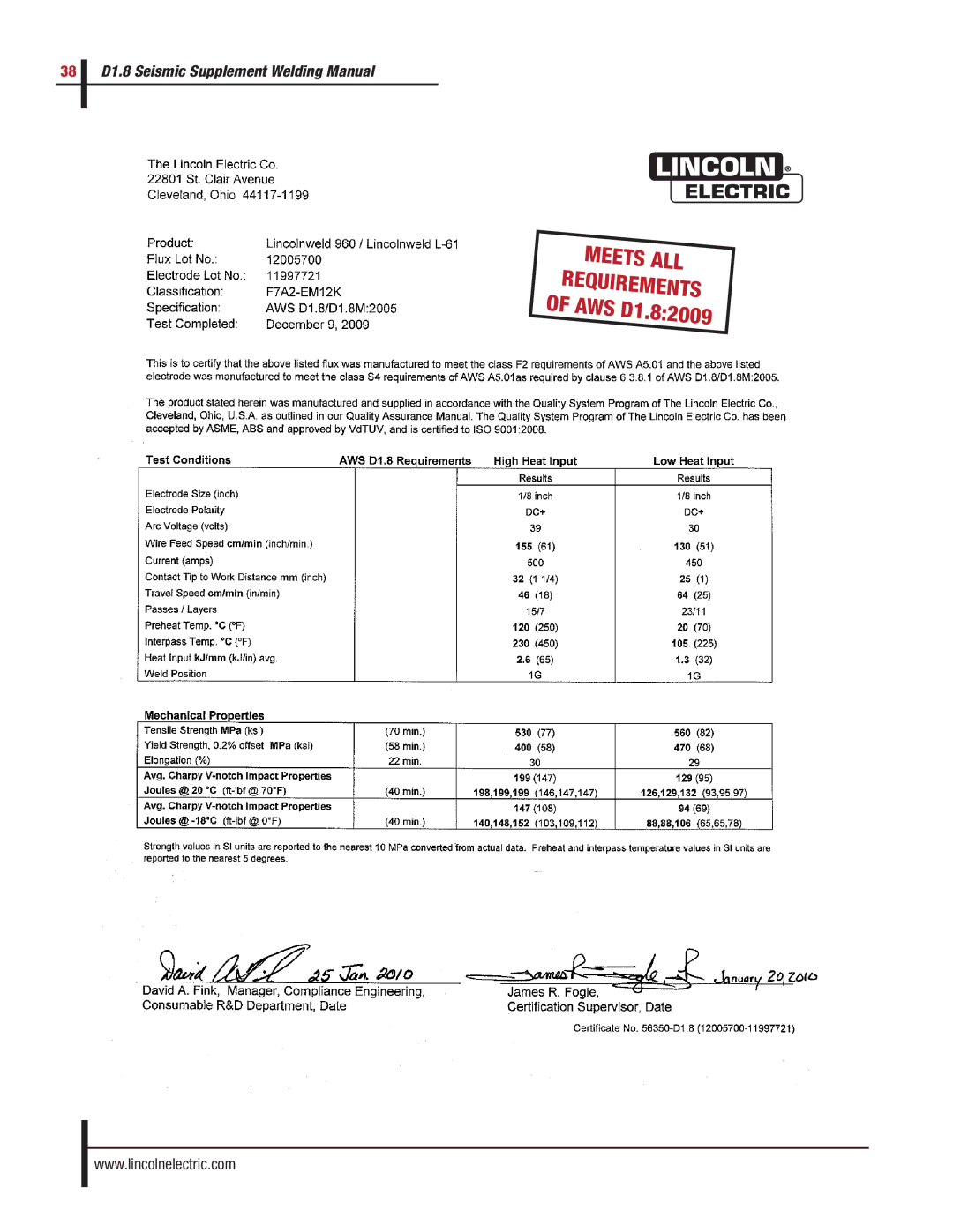 Lincoln Electric manual Meets ALL Requirements of AWS D1.82009 