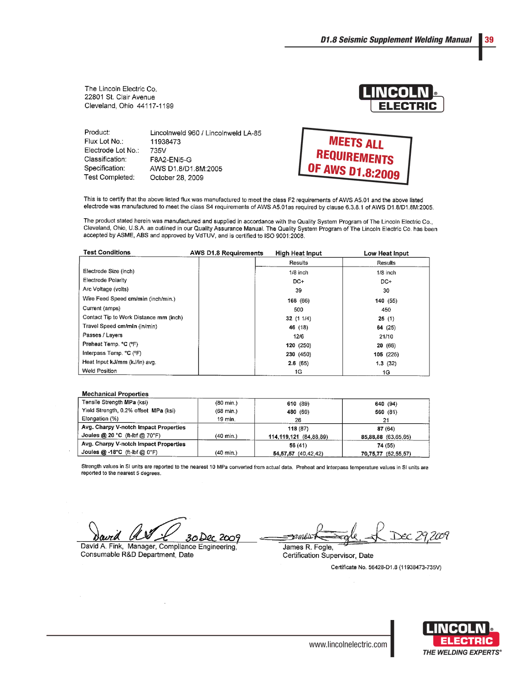 Lincoln Electric manual Meets ALL Requirements of AWS D1.82009 