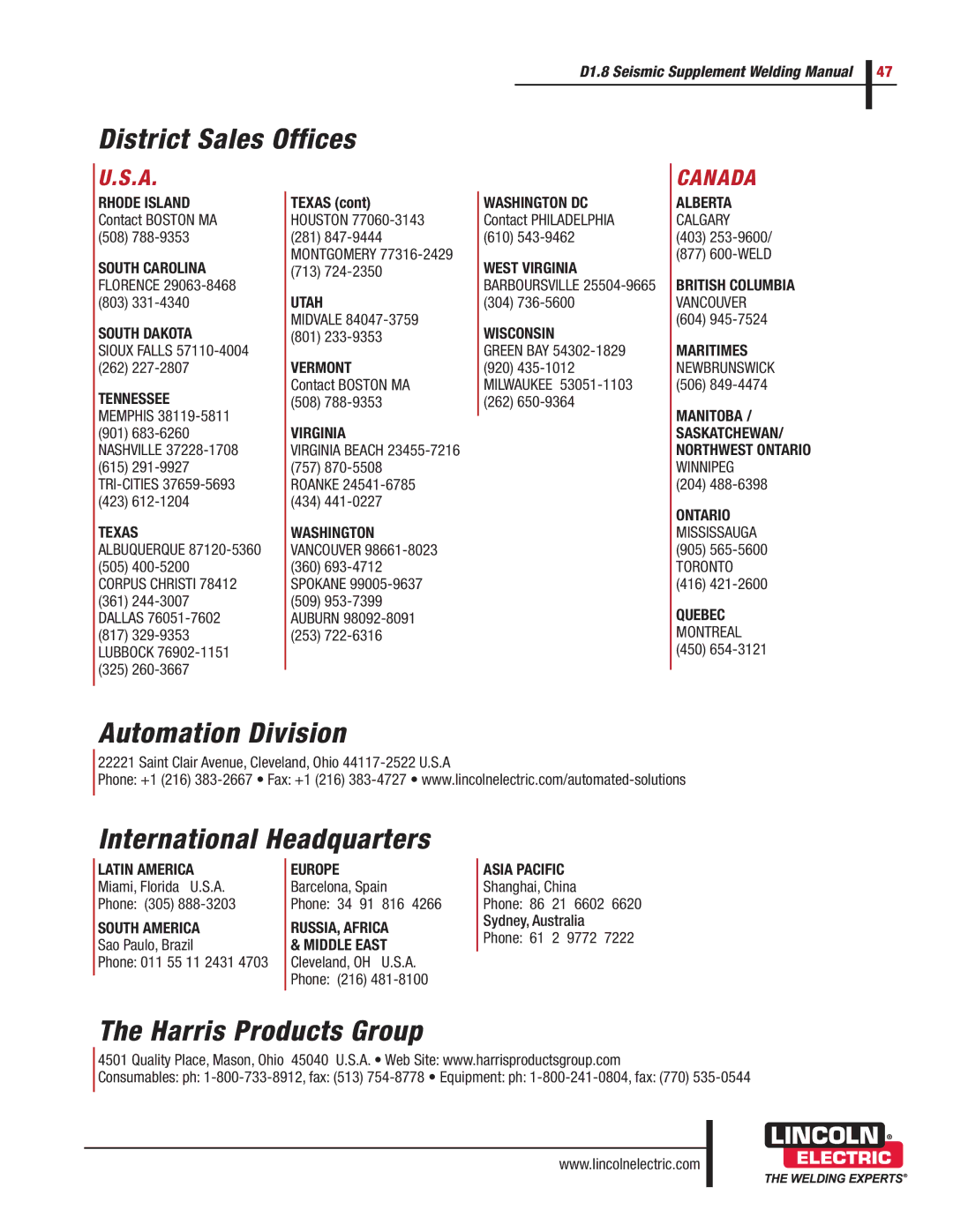 Lincoln Electric D1.8 manual Automation Division 