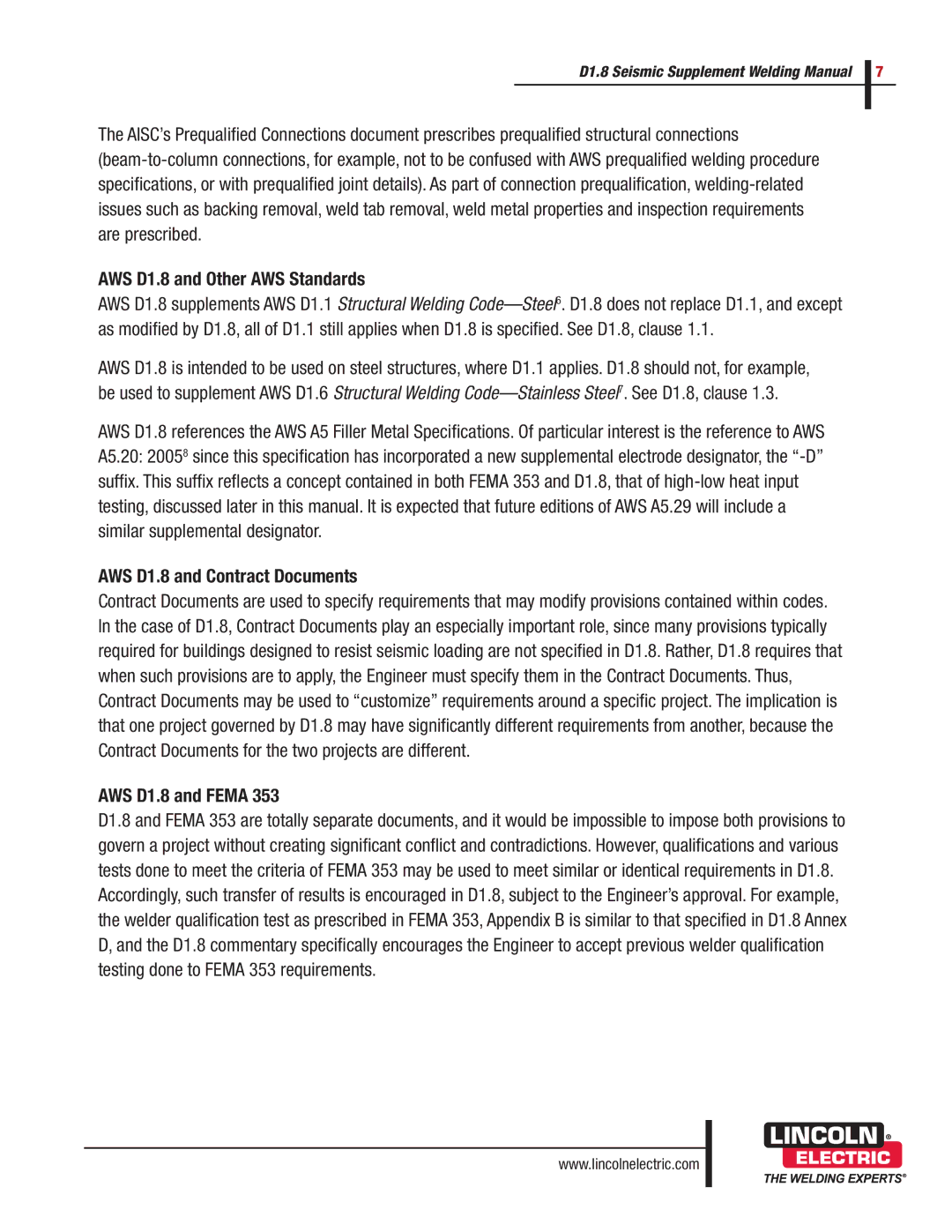 Lincoln Electric manual AWS D1.8 and Other AWS Standards, AWS D1.8 and Contract Documents, AWS D1.8 and Fema 