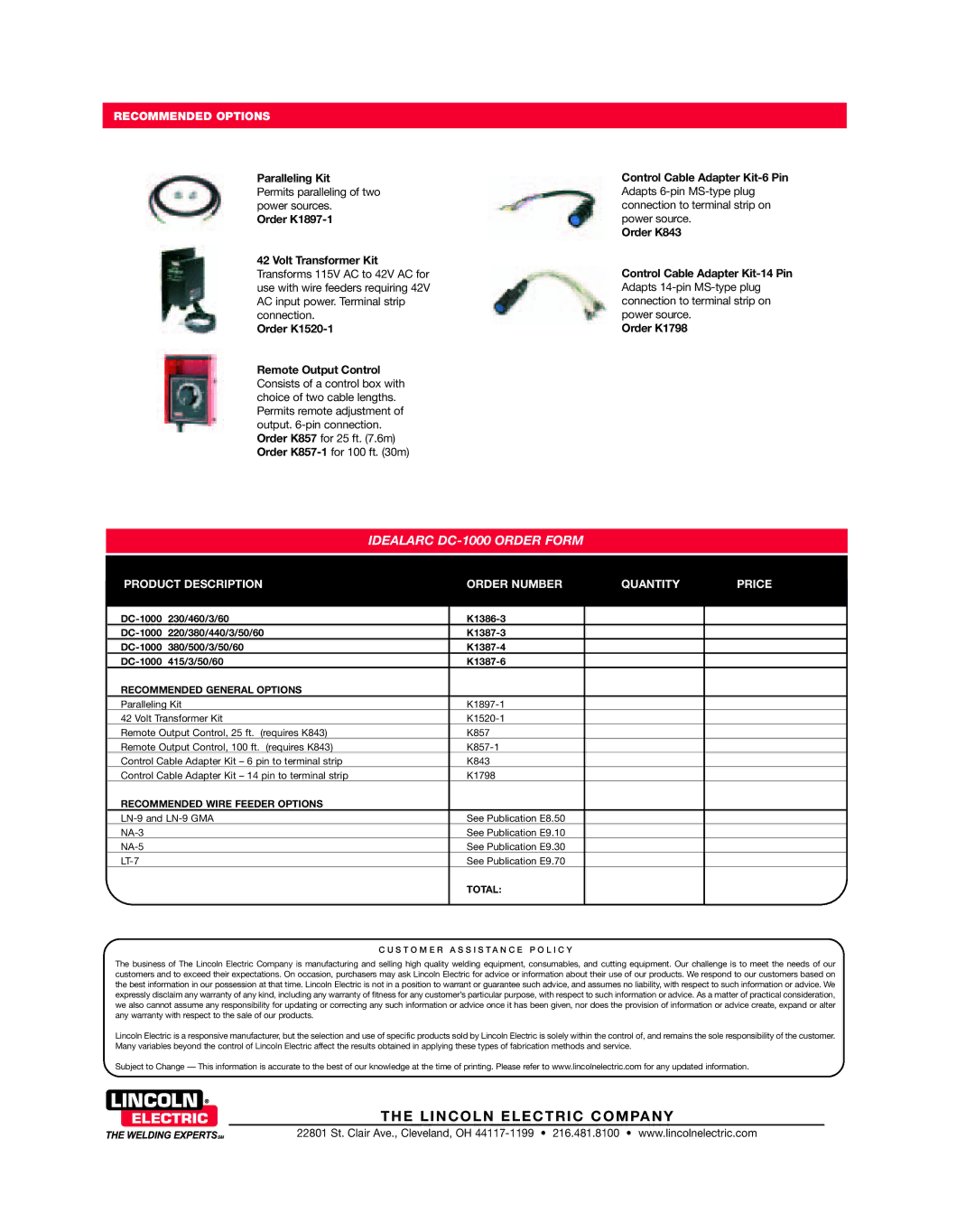 Lincoln Electric DC -1000 warranty Recommended Options, Product Description Order Number Quantity Price, Total 