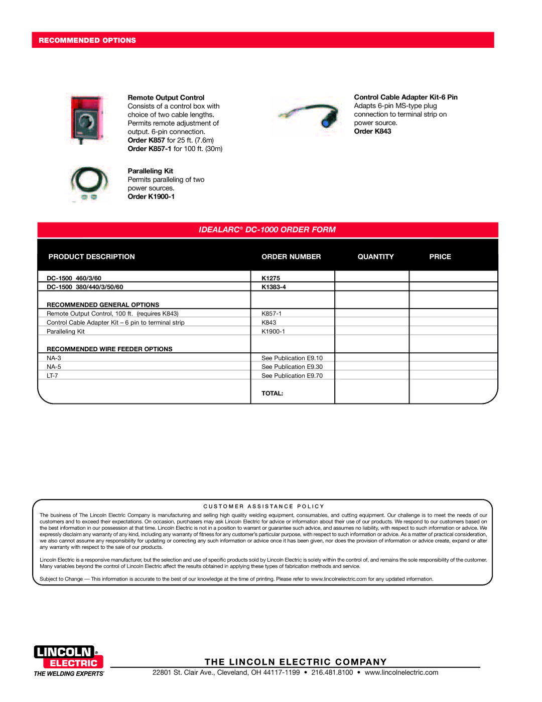 Lincoln Electric DC-1500 Recommended Options, Product Description Order Number Quantity Price, Recommended General Options 