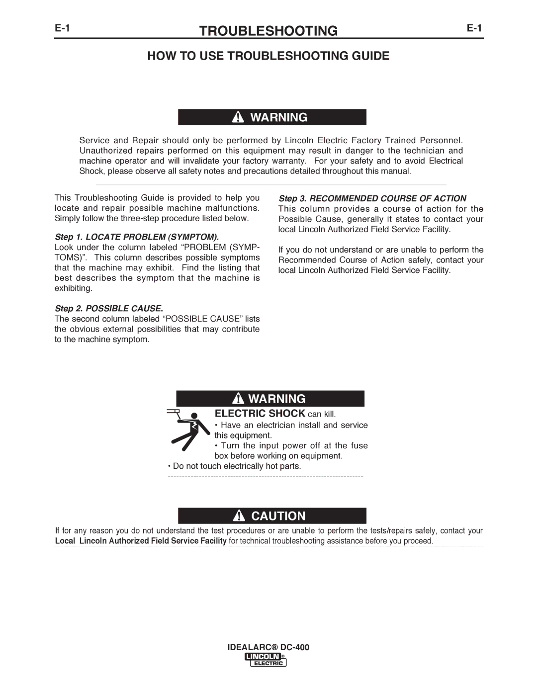 Lincoln Electric DC-400 manual TROUbLESHOOTING 