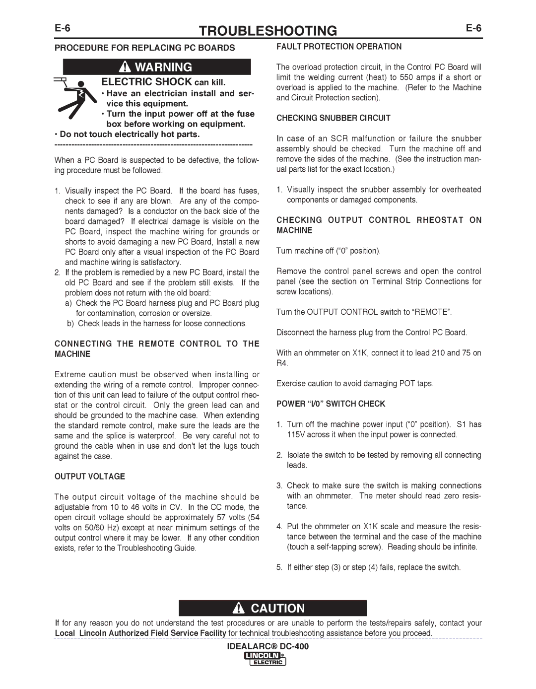 Lincoln Electric DC-400 manual Connecting the Remote Control to the Machine, Output Voltage, Fault Protection Operation 