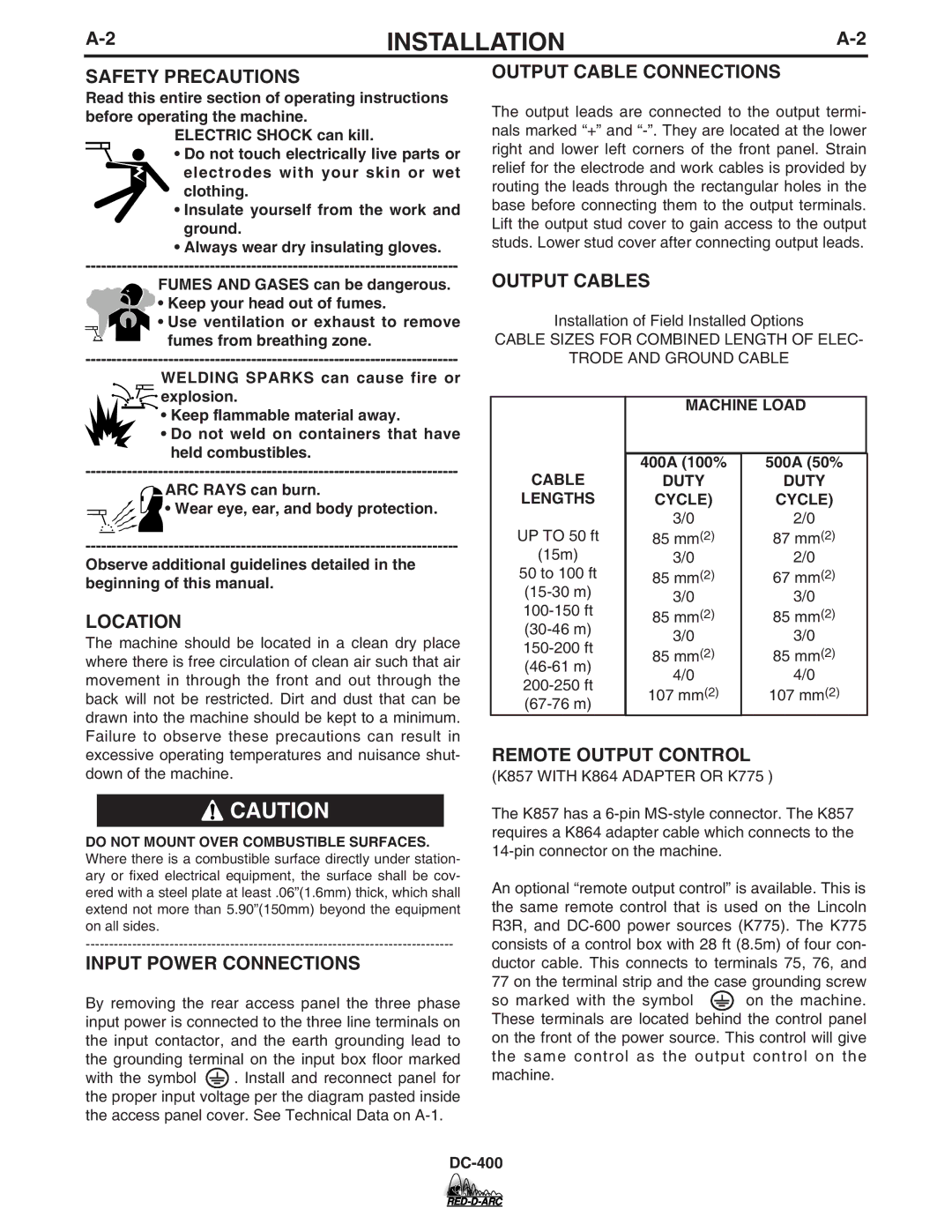 Lincoln Electric DC-400 specifications Machine Load, Cable, 400A 100% 500A 50%, Duty Lengths Cycle 