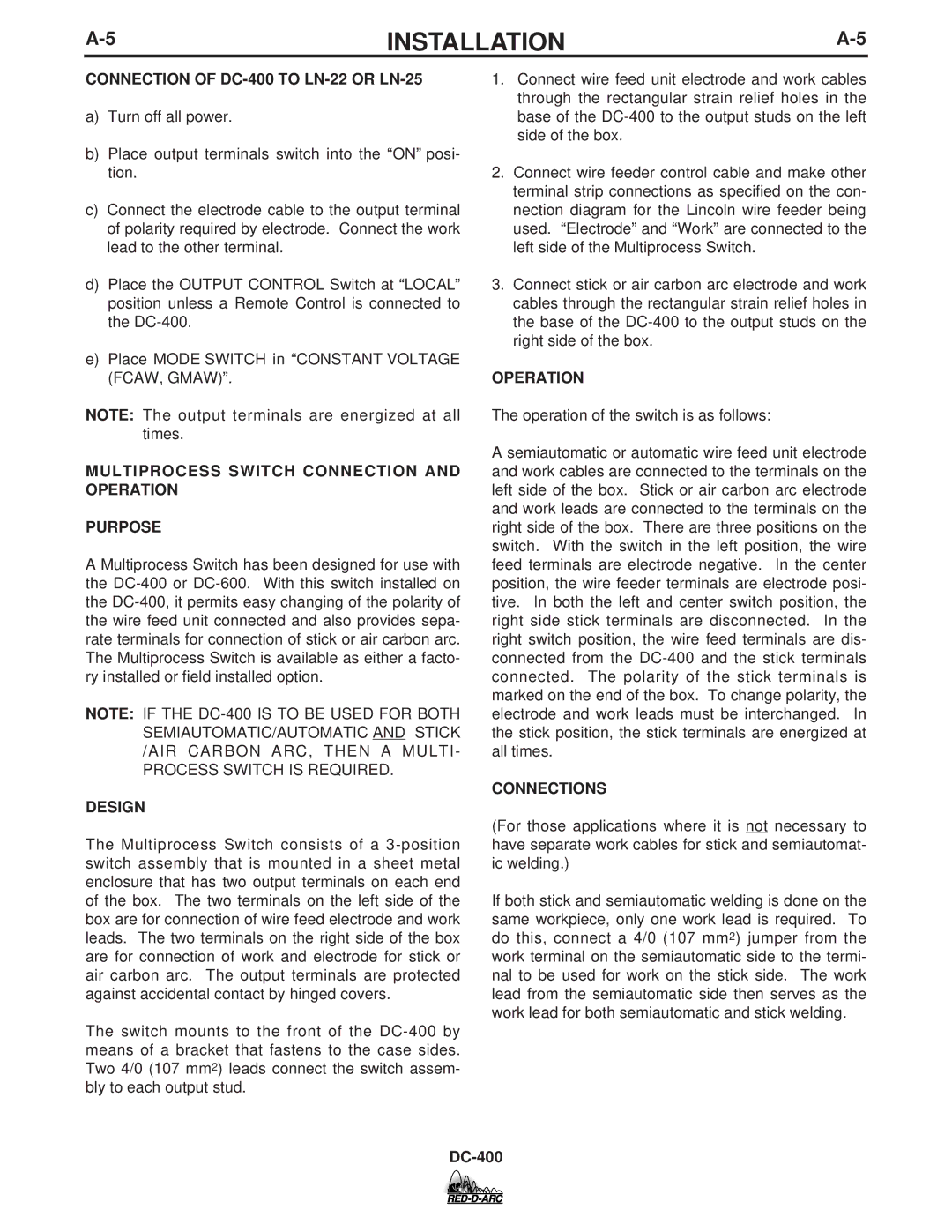 Lincoln Electric Connection of DC-400 to LN-22 or LN-25, Multiprocess Switch Connection and Operation Purpose, Design 