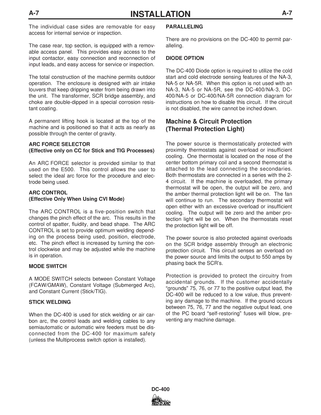 Lincoln Electric DC-400 specifications Machine & Circuit Protection Thermal Protection Light 