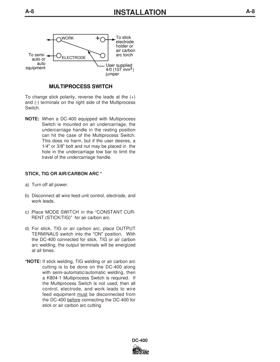 Lincoln Electric DC-400 specifications Multiprocess Switch, STICK, TIG or AIR/CARBON ARC 