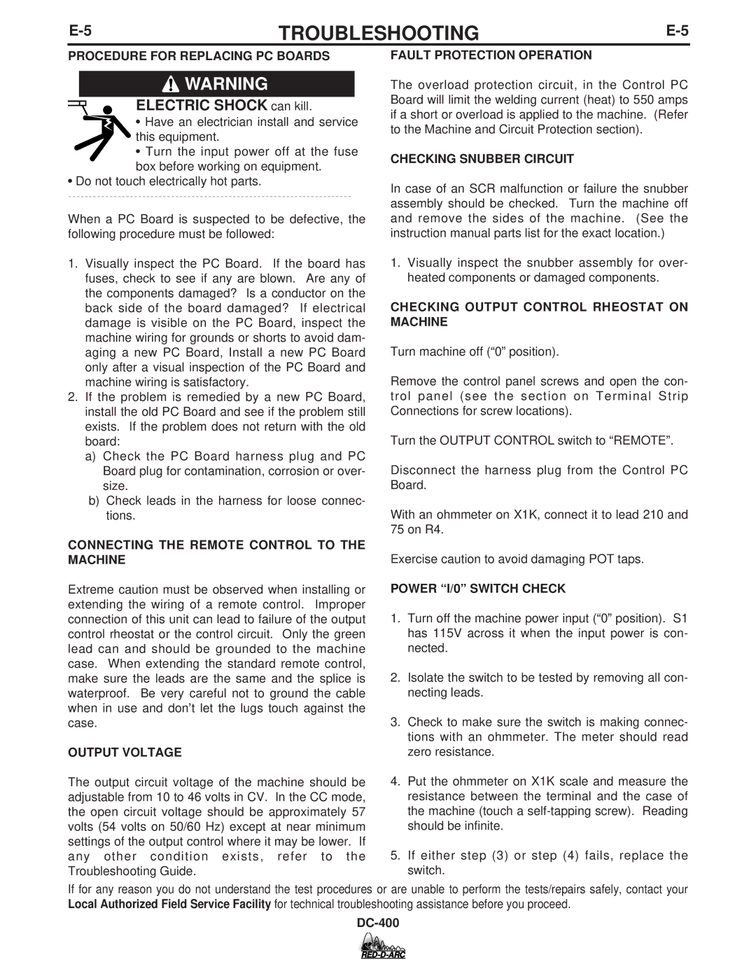 Lincoln Electric DC-400 Procedure for Replacing PC Boards, Connecting the Remote Control to the Machine, Output Voltage 