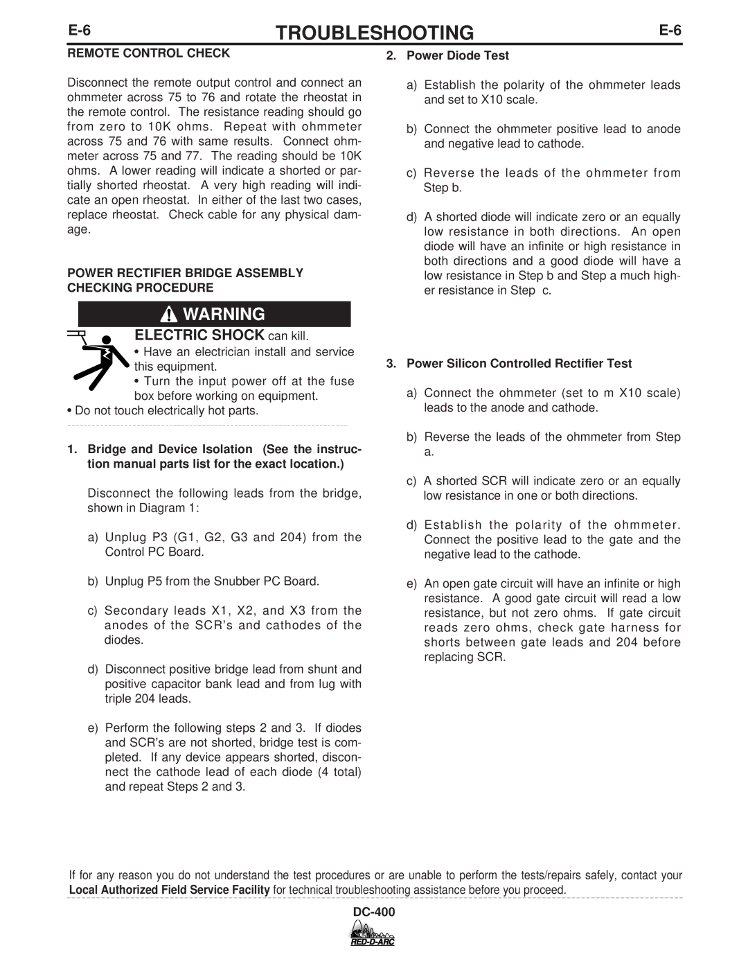Lincoln Electric DC-400 Remote Control Check, Power Diode Test, Power Rectifier Bridge Assembly Checking Procedure 
