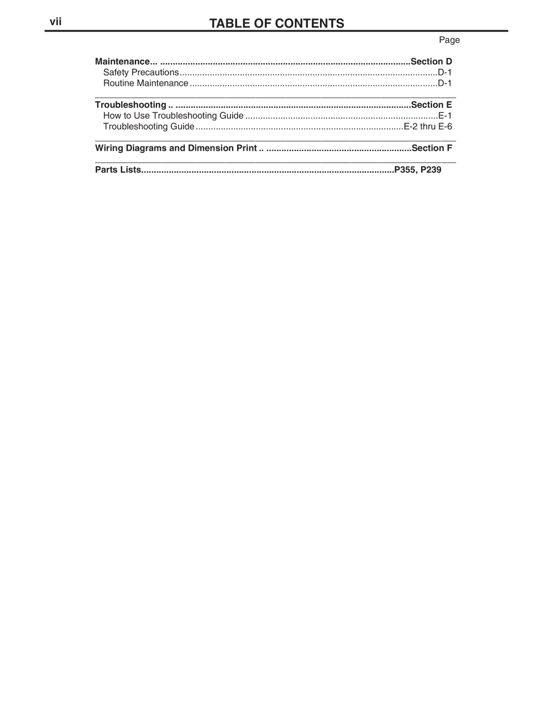 Lincoln Electric DC-400 specifications Vii, Section D, Section E 