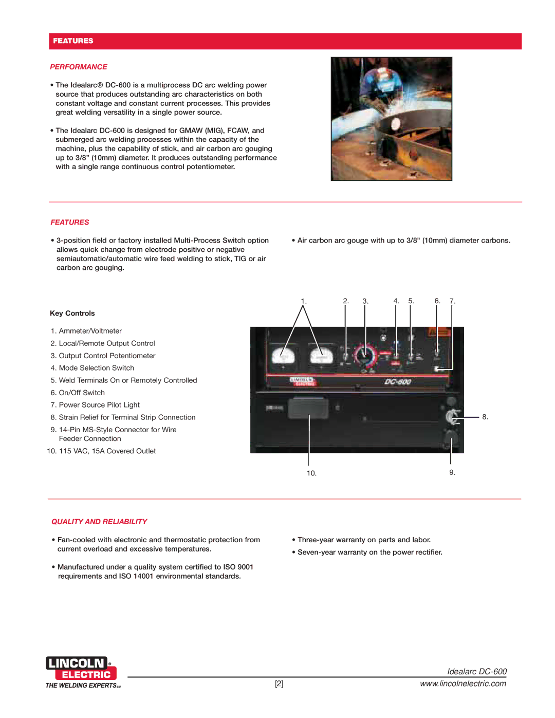 Lincoln Electric DC-600 technical specifications Performance, Key Controls 