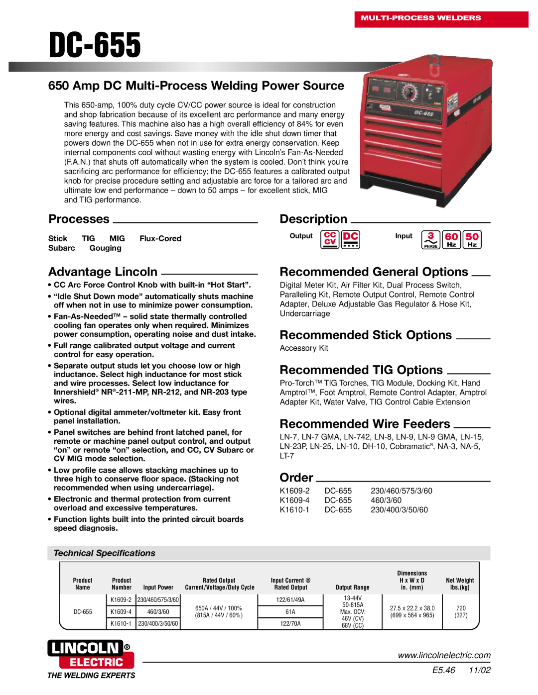 Lincoln Electric DC-655 technical specifications Amp DC Multi-Process Welding Power Source, Processes, Advantage Lincoln 