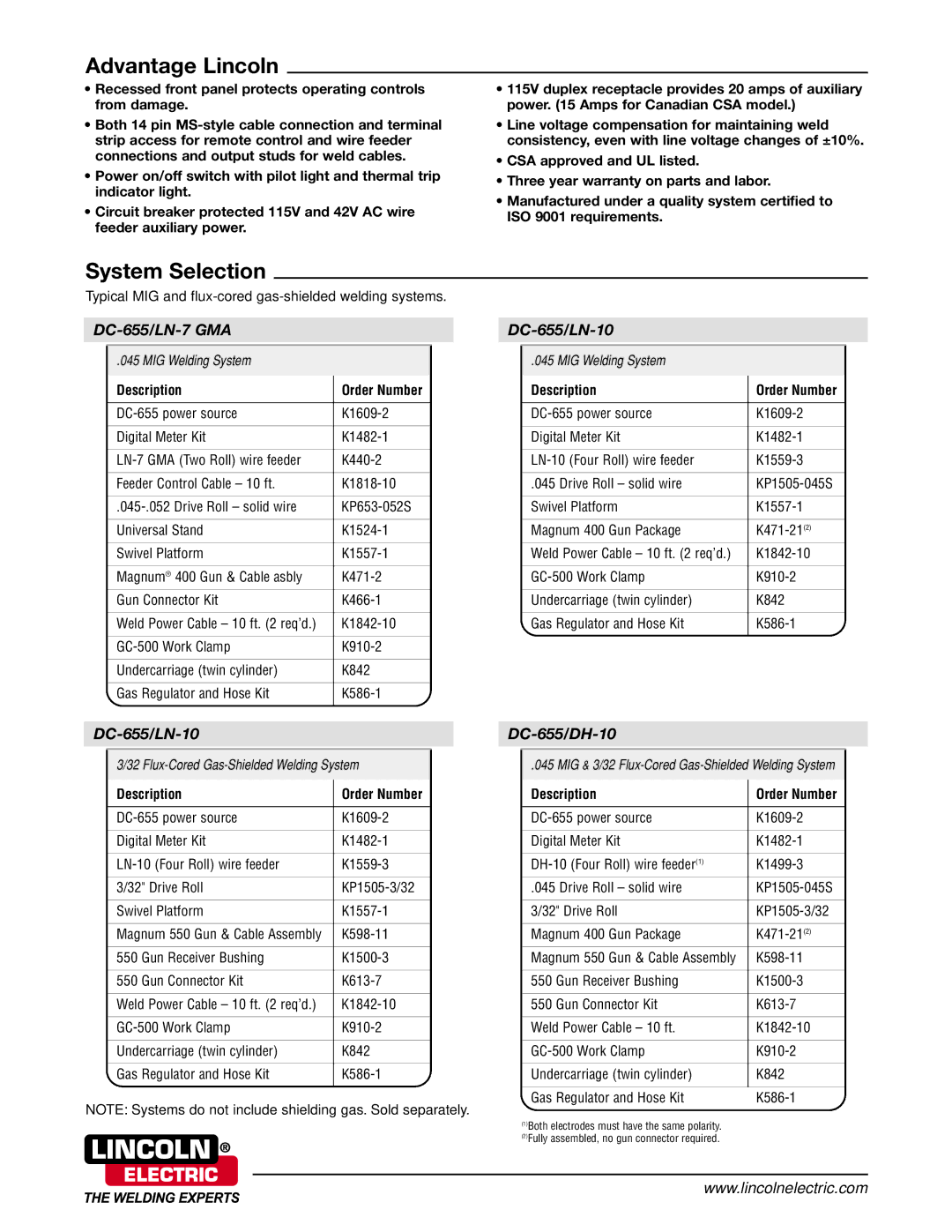 Lincoln Electric technical specifications System Selection, DC-655/LN-7 GMA DC-655/LN-10, DC-655/LN-10 DC-655/DH-10 