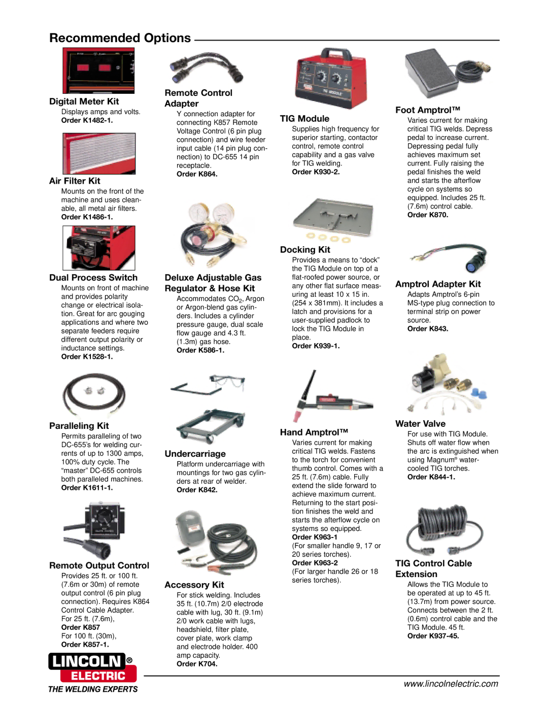 Lincoln Electric DC-655 technical specifications Recommended Options, Air Filter Kit 