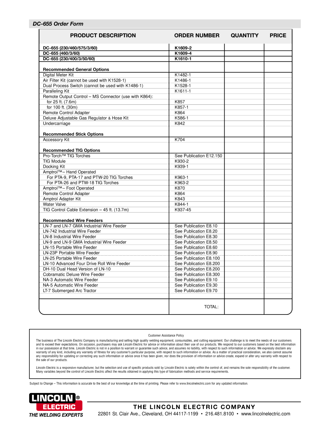 Lincoln Electric technical specifications DC-655 Order Form, Product Description Order Number Quantity Price 