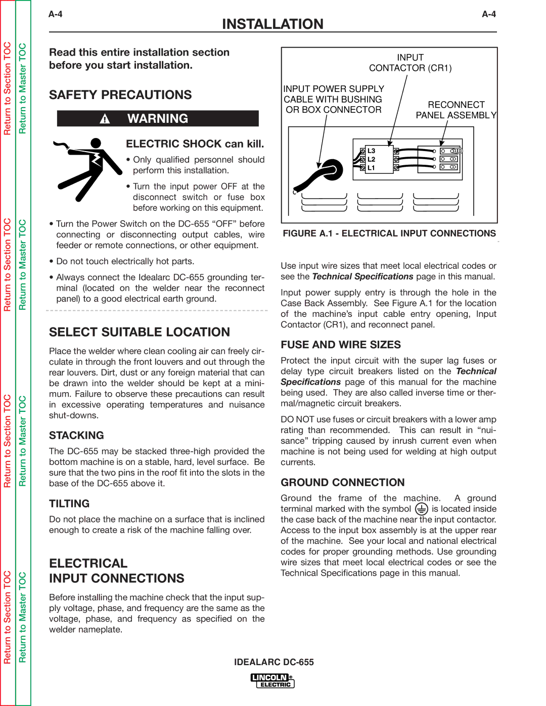 Lincoln Electric DC-655 service manual Safety Precautions, Select Suitable Location, Electrical Input Connections 