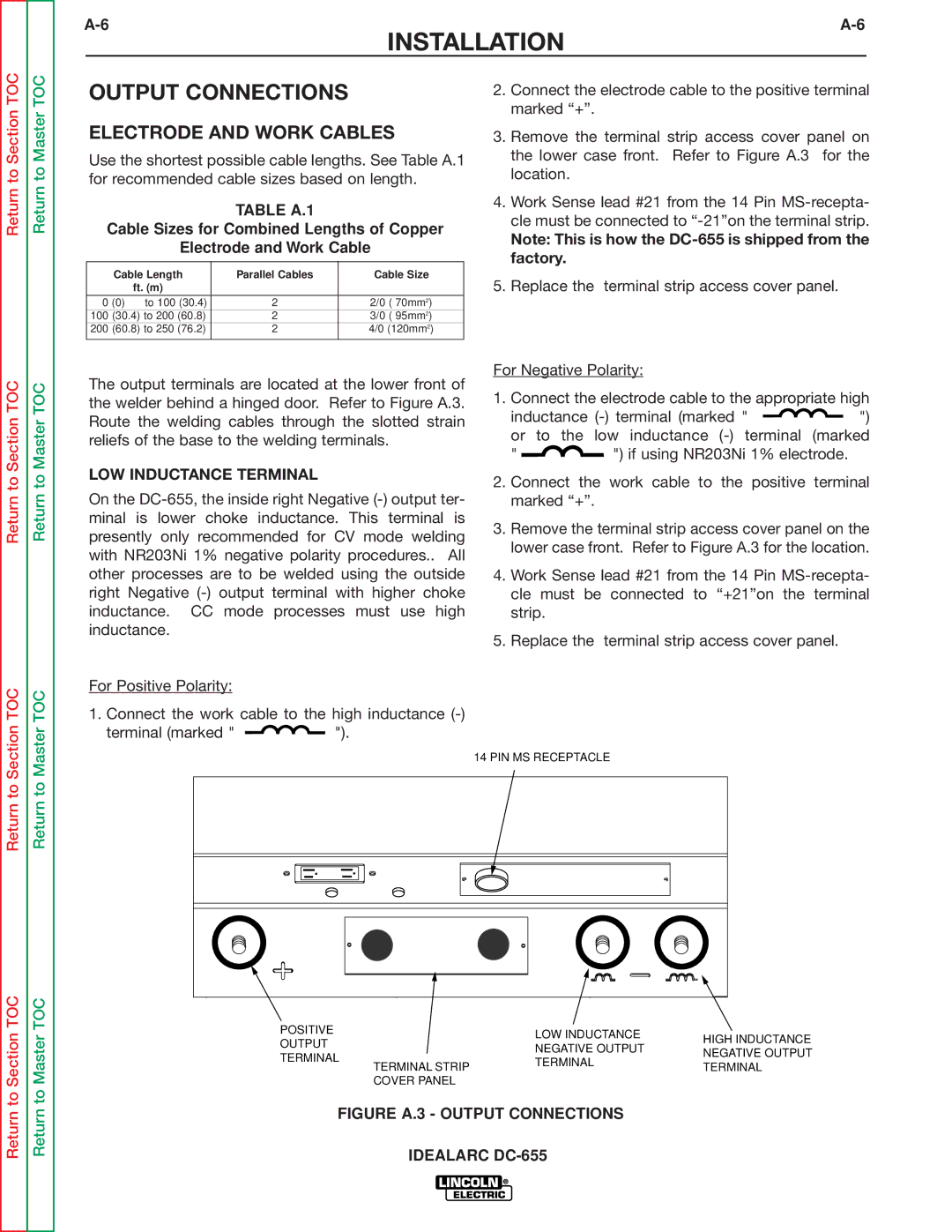 Lincoln Electric DC-655 service manual Output Connections, Electrode and Work Cables 