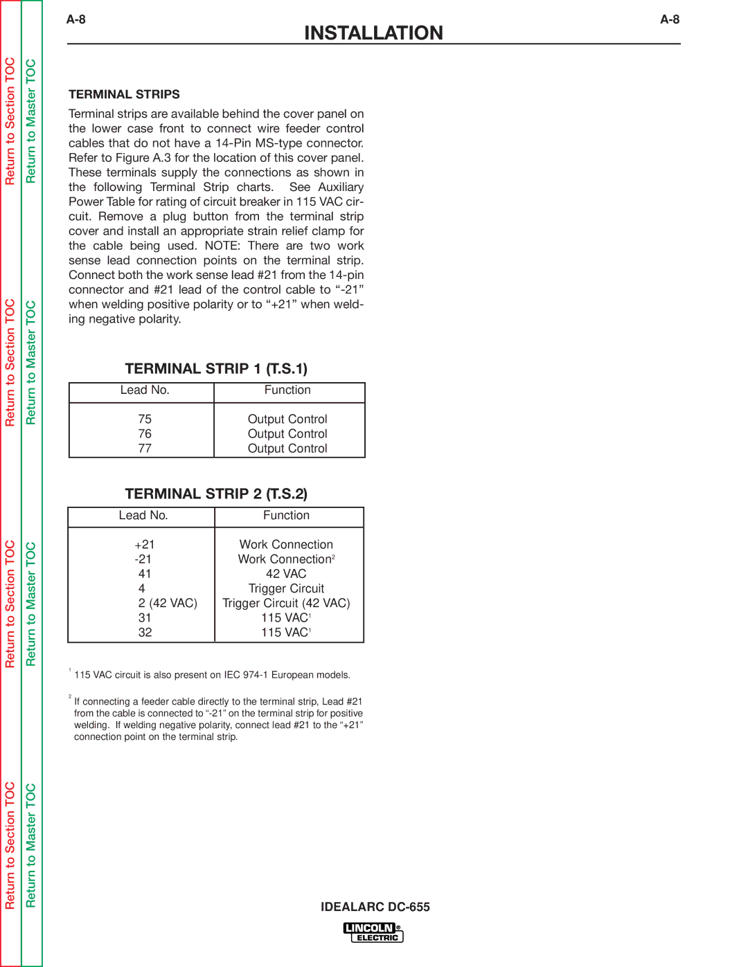 Lincoln Electric DC-655 service manual Terminal Strip 1 T.S.1, Terminal Strip 2 T.S.2 