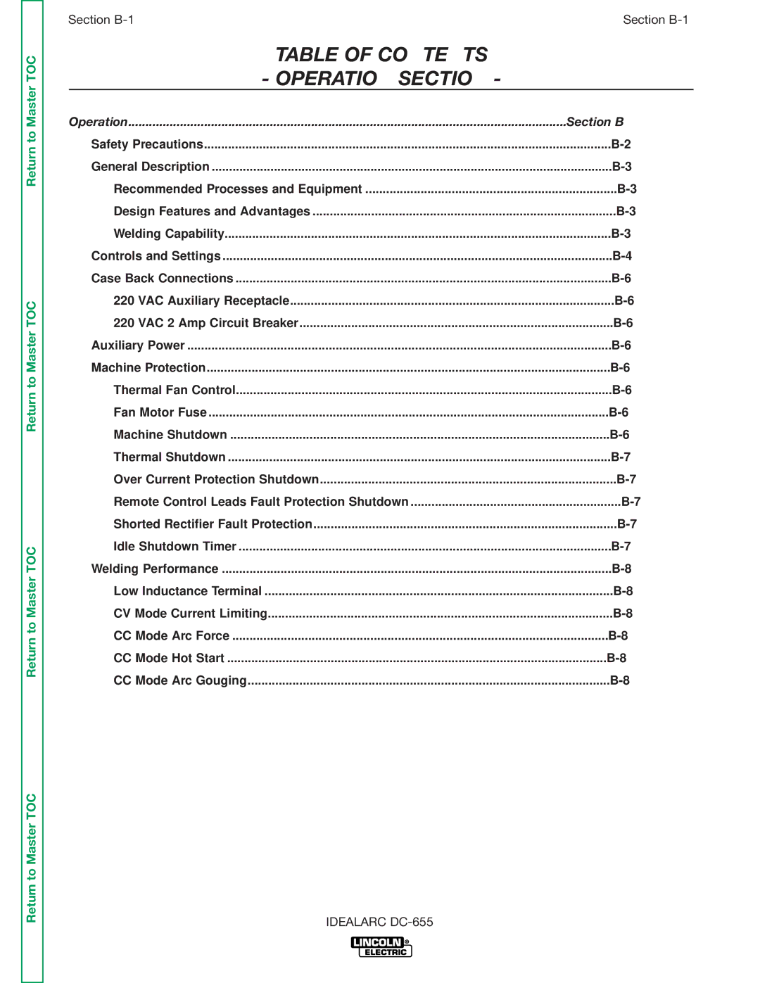 Lincoln Electric DC-655 service manual Table of Contents Operation Section 