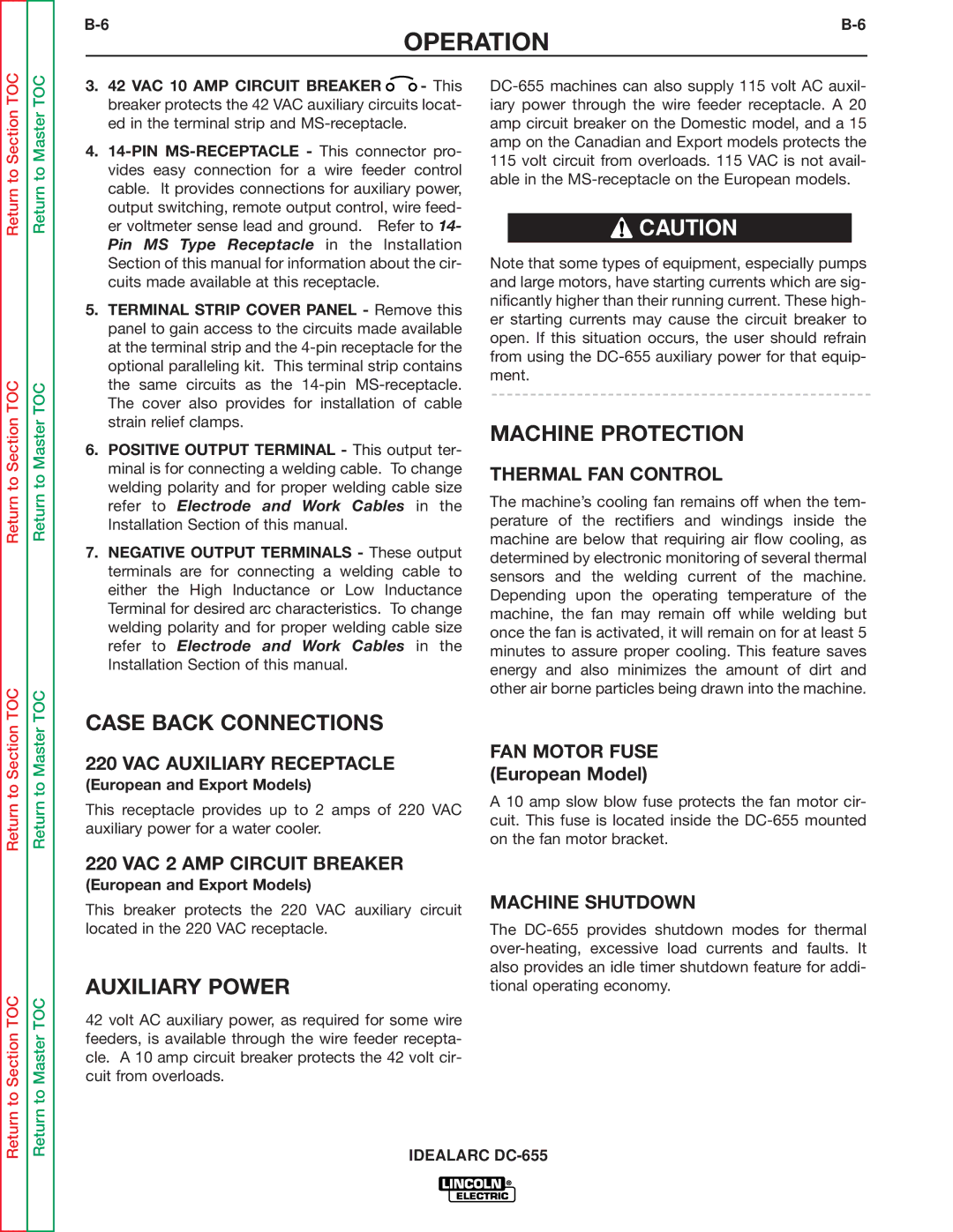 Lincoln Electric DC-655 service manual Machine Protection, Case Back Connections, Auxiliary Power 