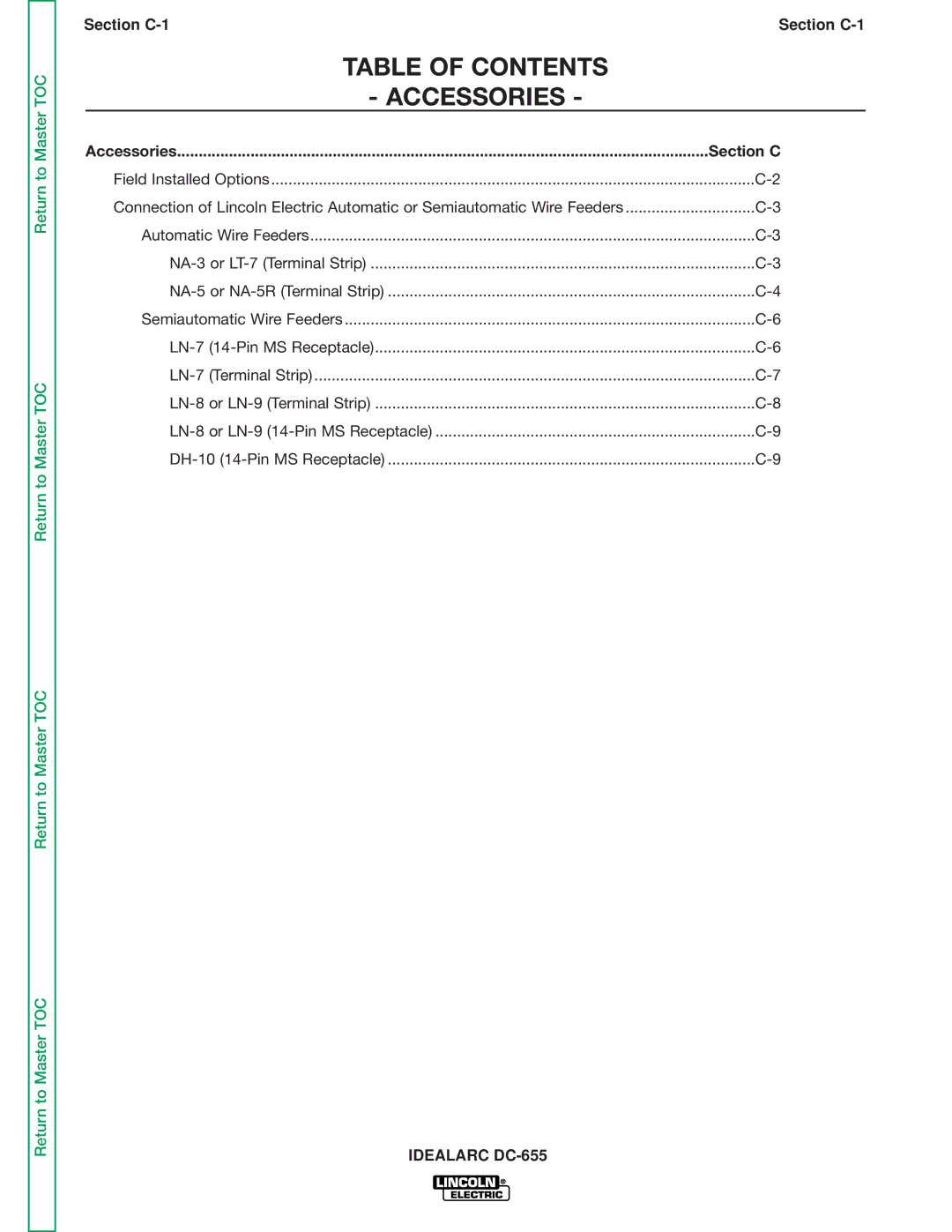 Lincoln Electric DC-655 service manual Table of Contents Accessories 