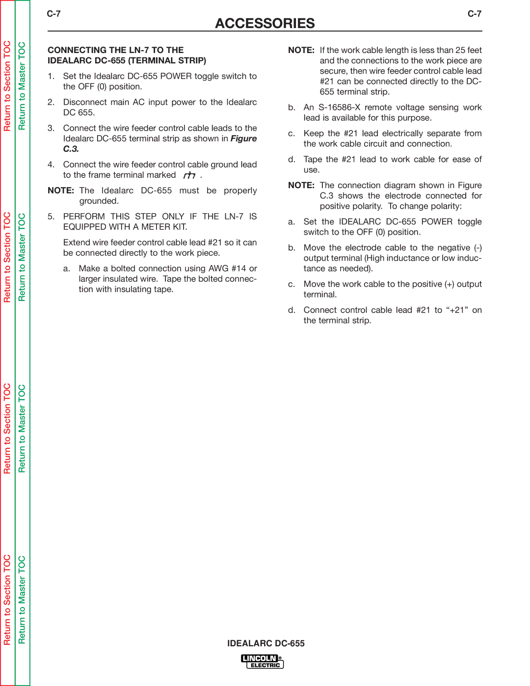 Lincoln Electric service manual Connecting the LN-7 to the Idealarc DC-655 Terminal Strip 