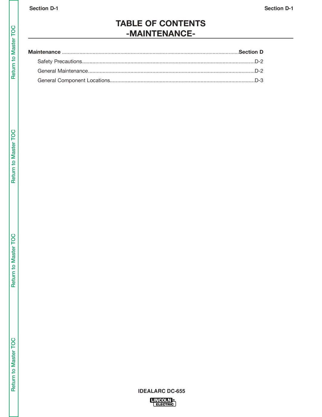 Lincoln Electric DC-655 service manual Table of Contents Maintenance 