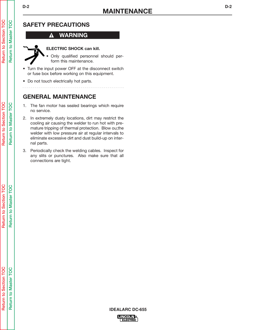 Lincoln Electric DC-655 service manual General Maintenance, Electric Shock can kill 