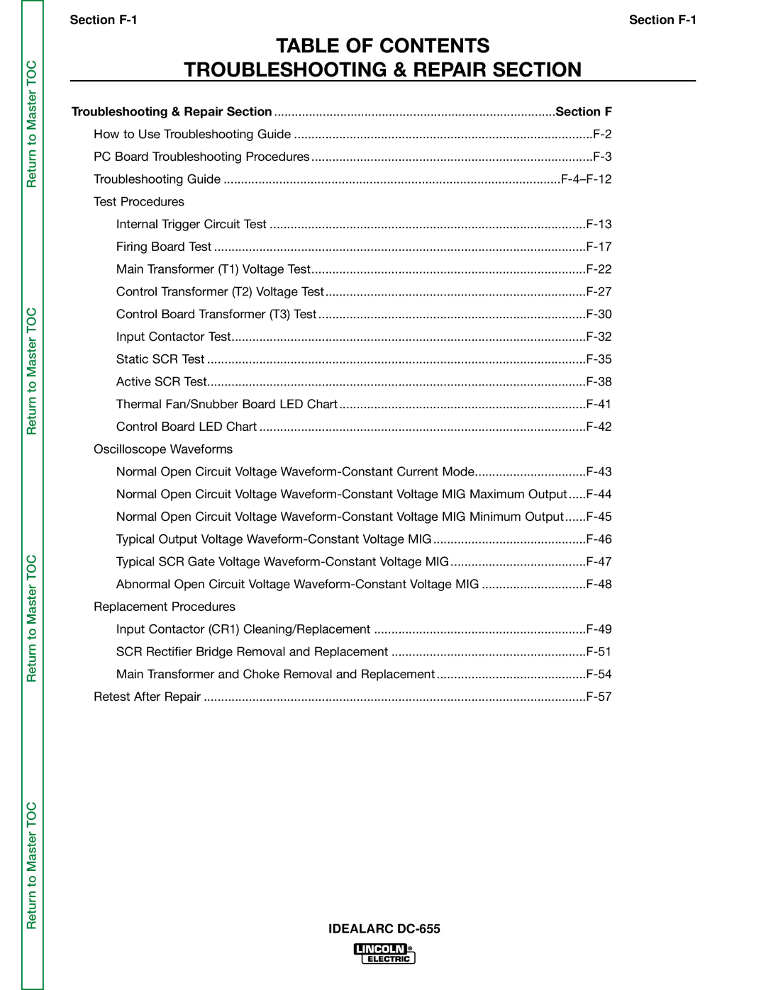 Lincoln Electric DC-655 service manual Table of Contents Troubleshooting & Repair Section 