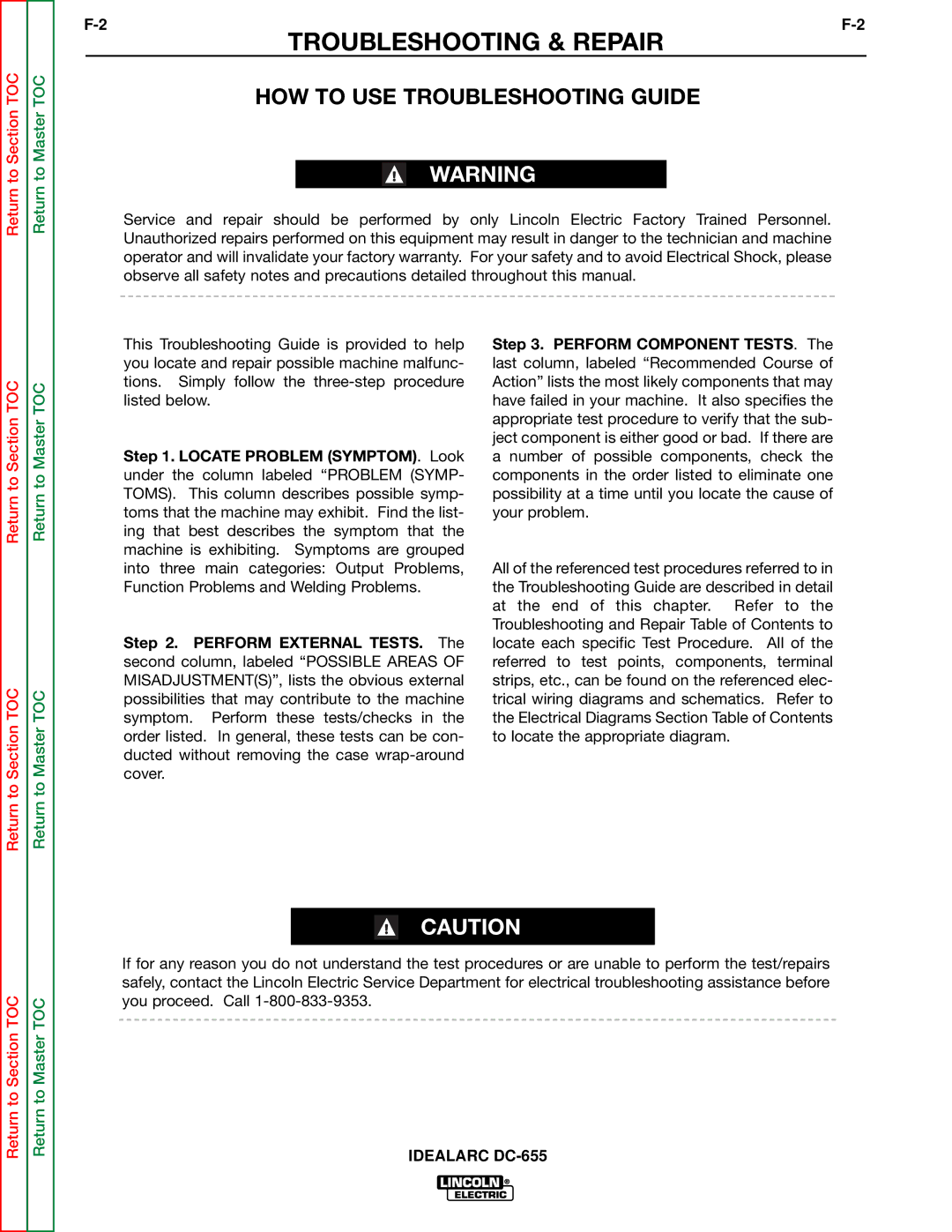 Lincoln Electric DC-655 service manual Troubleshooting & Repair, HOW to USE Troubleshooting Guide 