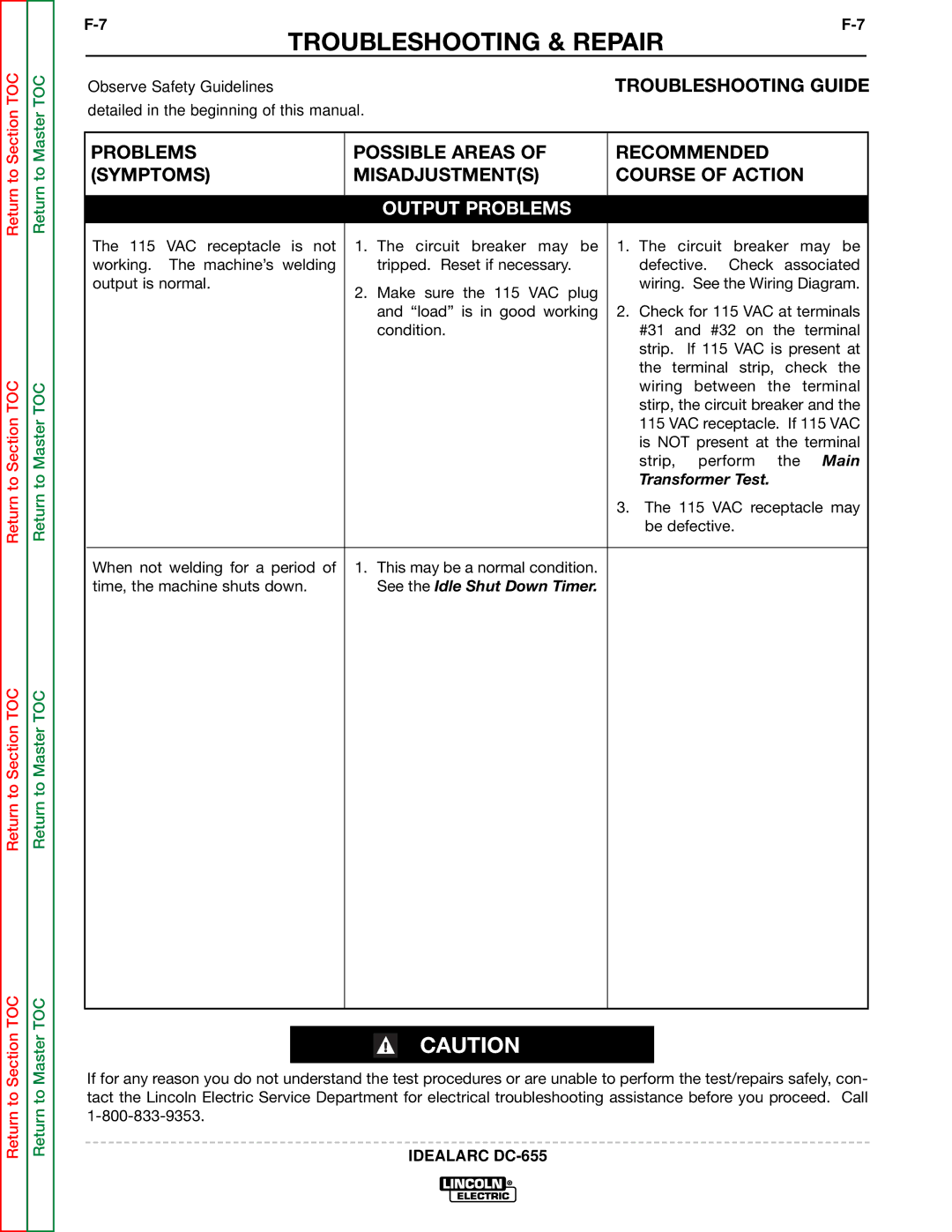 Lincoln Electric DC-655 service manual Main, Transformer Test, See the Idle Shut Down Timer 