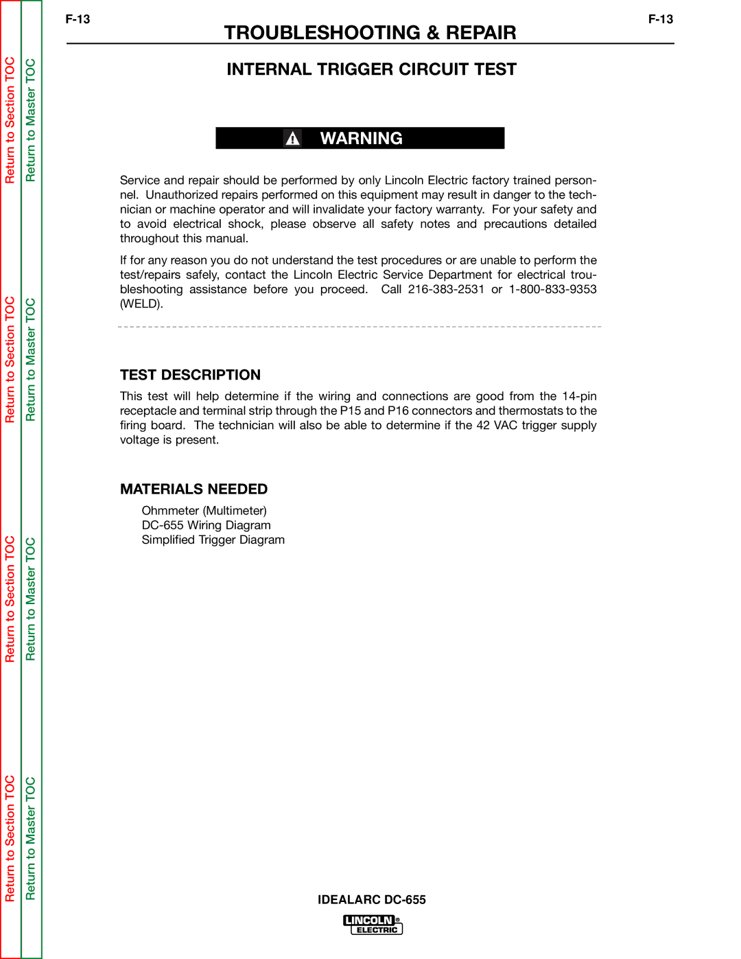 Lincoln Electric DC-655 service manual Internal Trigger Circuit Test, Test Description, Materials Needed 