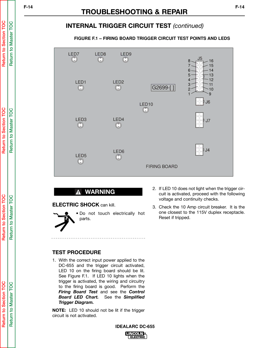 Lincoln Electric DC-655 service manual Internal Trigger Circuit Test, Test Procedure, Trigger Diagram 