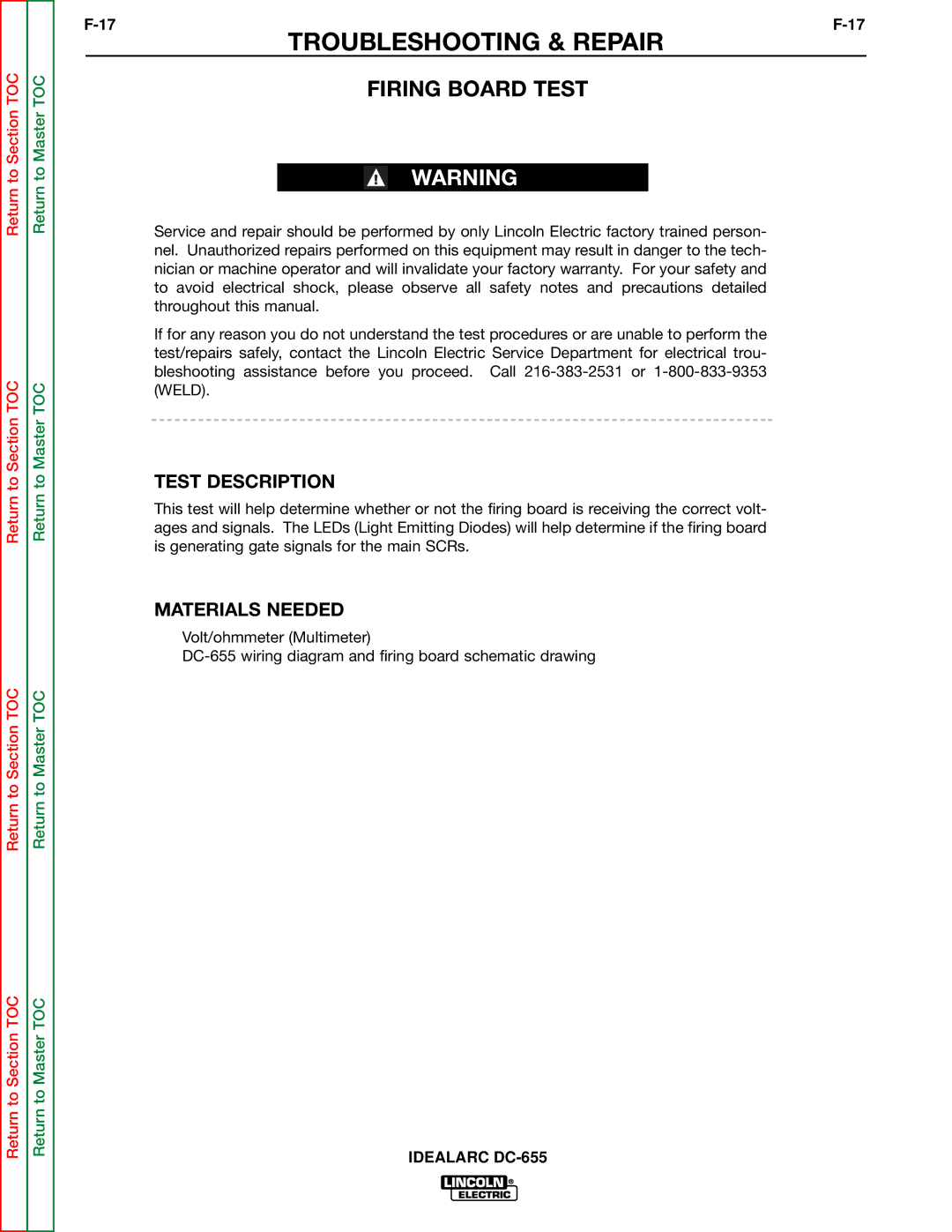 Lincoln Electric DC-655 service manual Firing Board Test, Test Description 