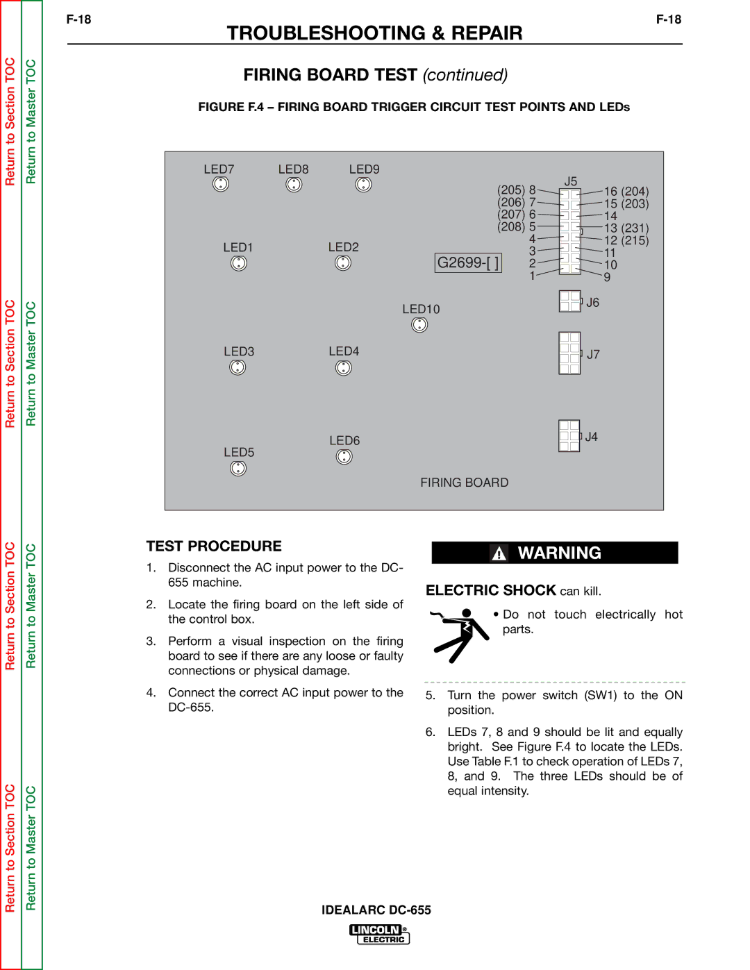 Lincoln Electric DC-655 service manual Firing Board Test, Figure F.4 Firing Board Trigger Circuit Test Points and LEDs 