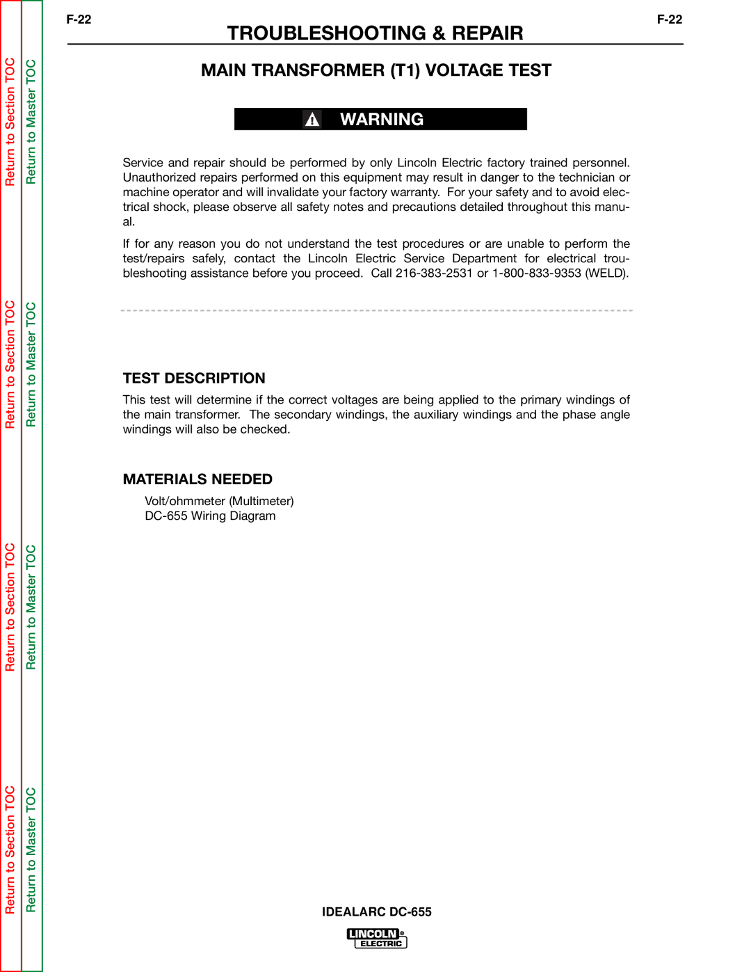 Lincoln Electric DC-655 service manual Main Transformer T1 Voltage Test, Test Description 