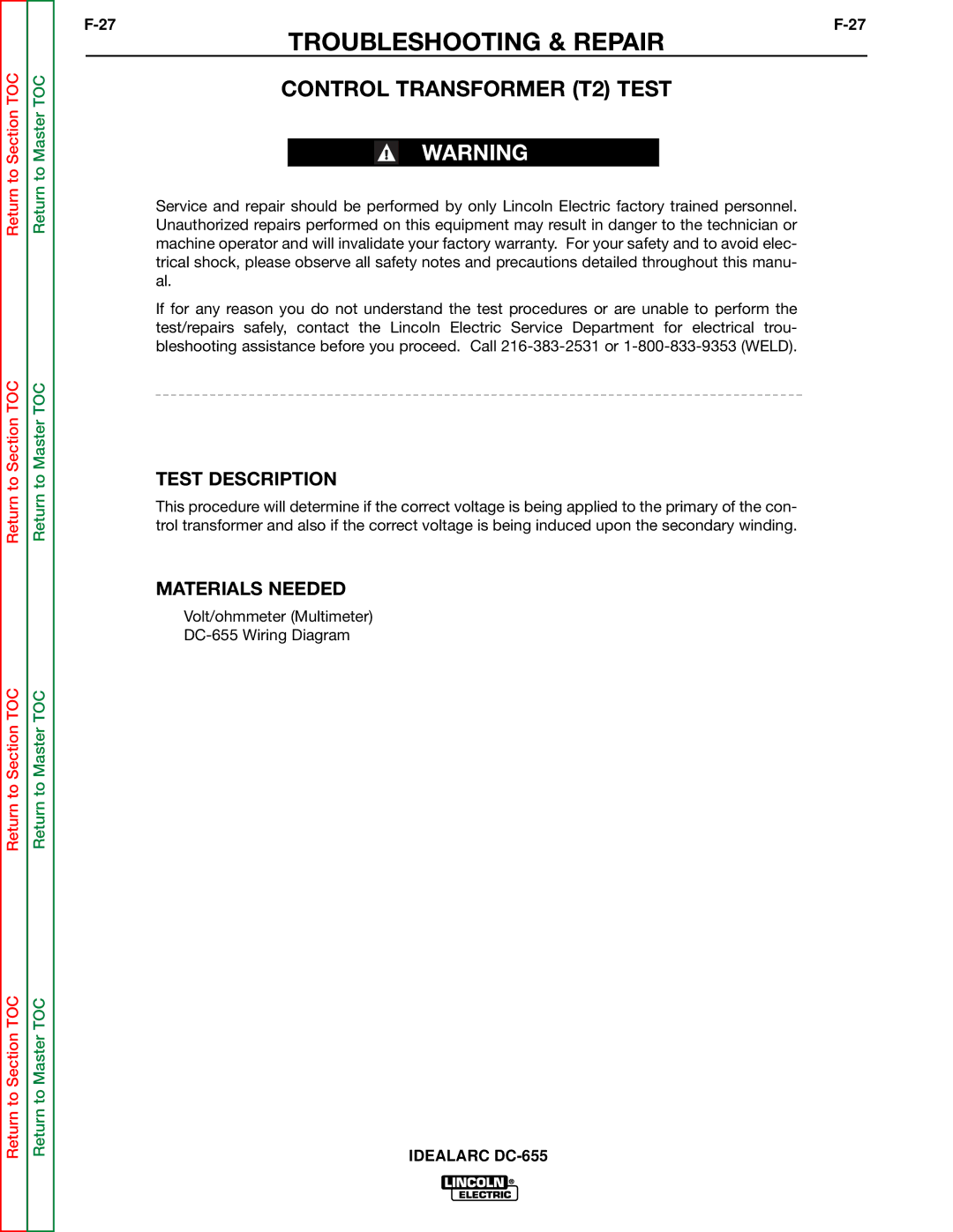 Lincoln Electric DC-655 service manual Control Transformer T2 Test, Test Description 