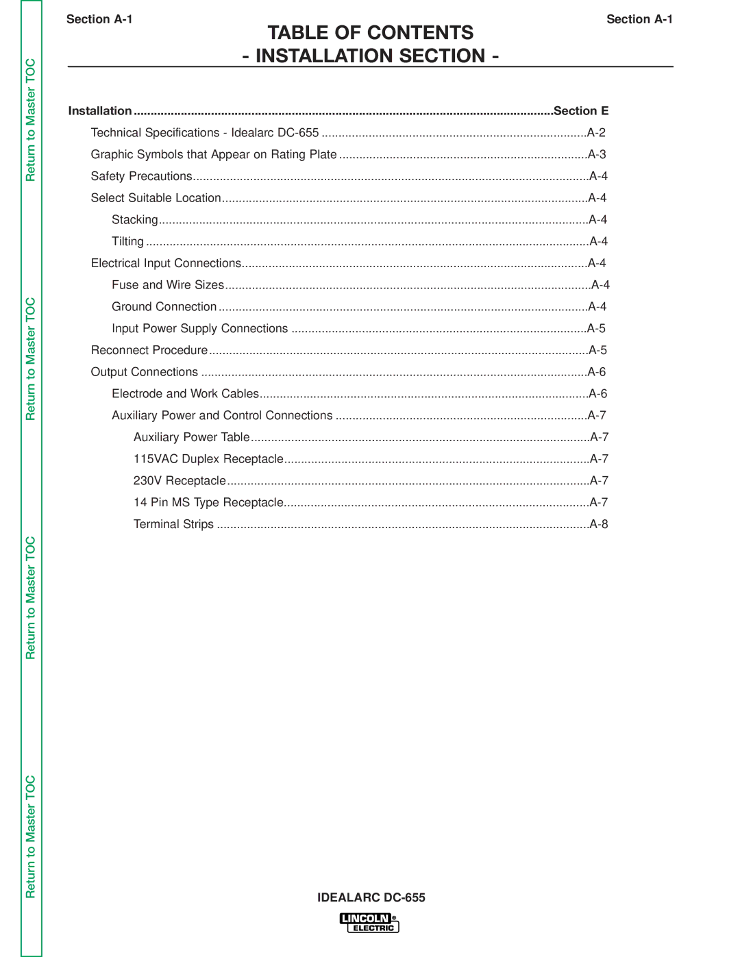 Lincoln Electric DC-655 service manual Table of Contents Installation Section 