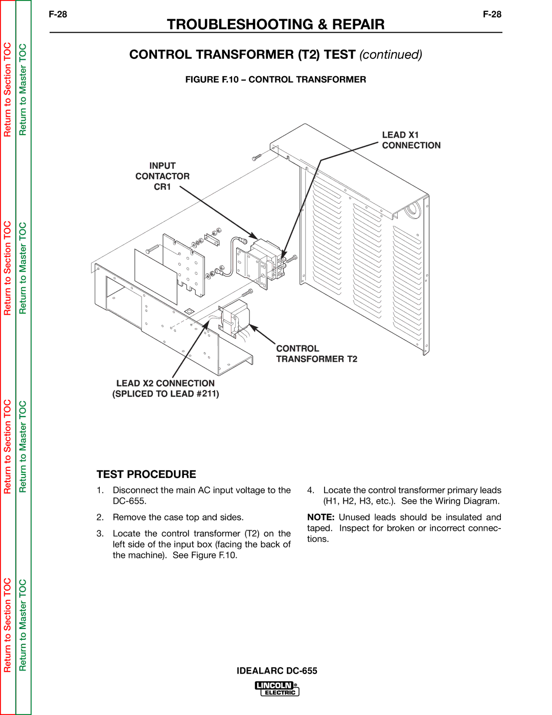 Lincoln Electric DC-655 service manual Control Transformer T2 Test, Figure F.10 Control Transformer 