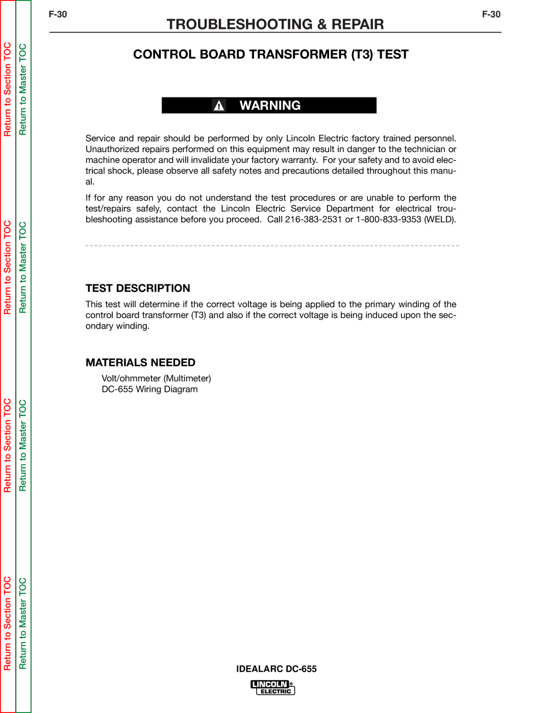 Lincoln Electric DC-655 service manual Control Board Transformer T3 Test, Test Description 