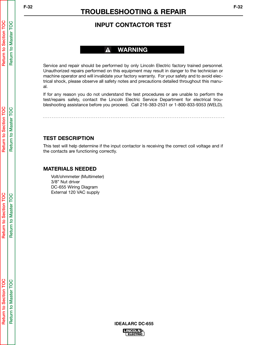 Lincoln Electric DC-655 service manual Input Contactor Test 