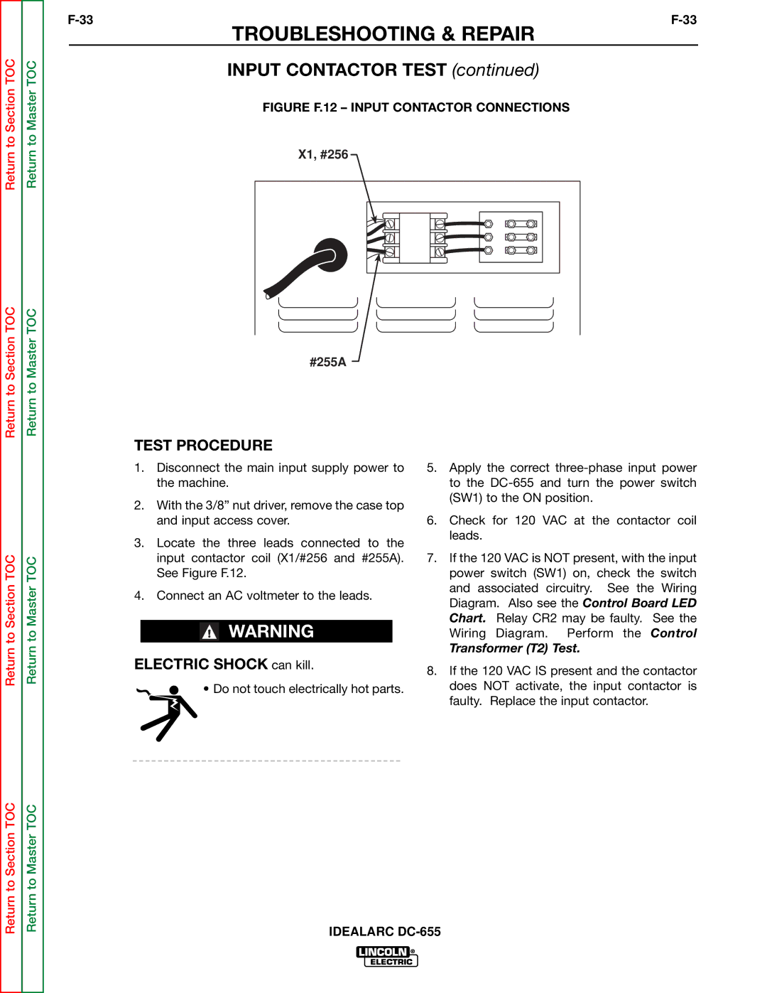 Lincoln Electric DC-655 service manual Input Contactor Test, Transformer T2 Test 