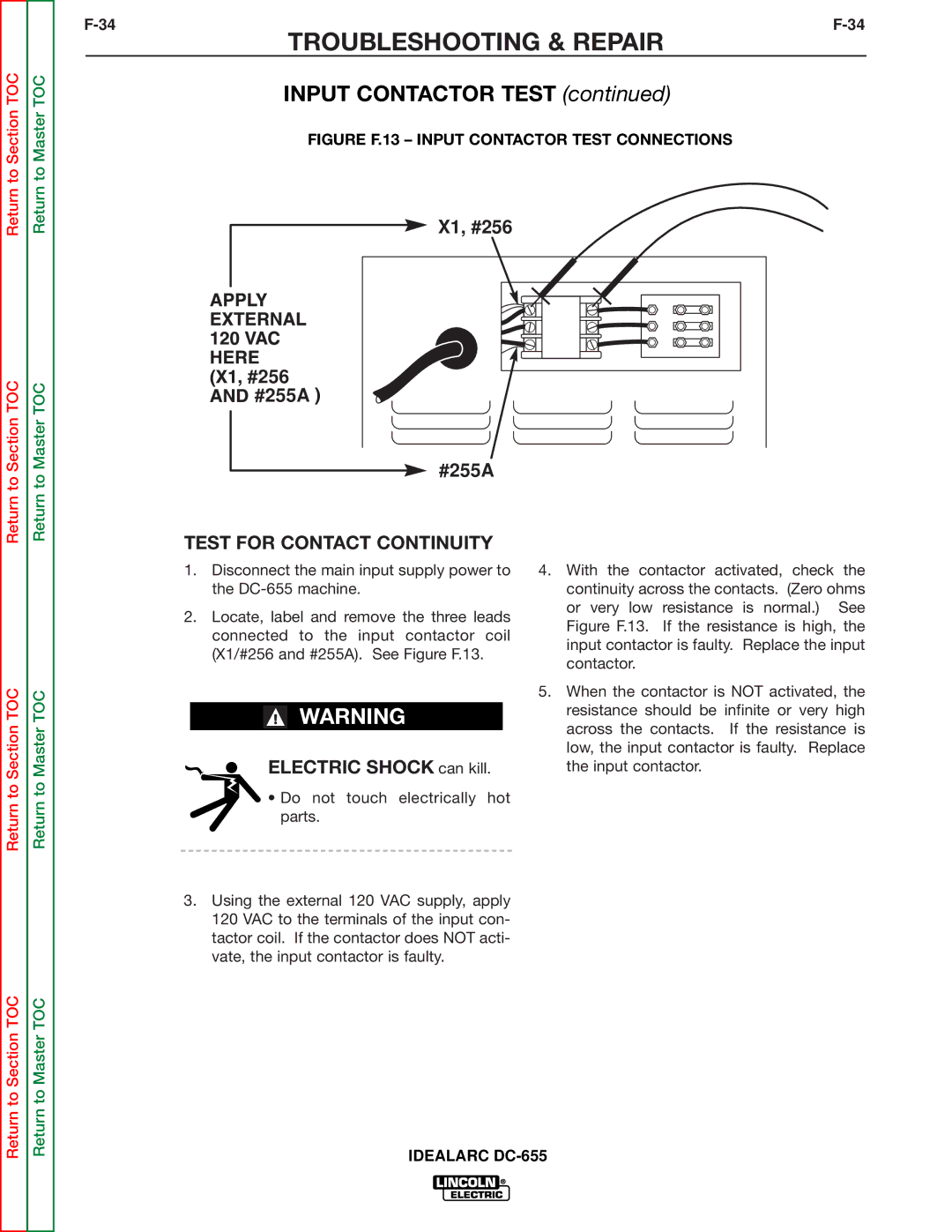 Lincoln Electric DC-655 service manual Test for Contact Continuity, Figure F.13 Input Contactor Test Connections 