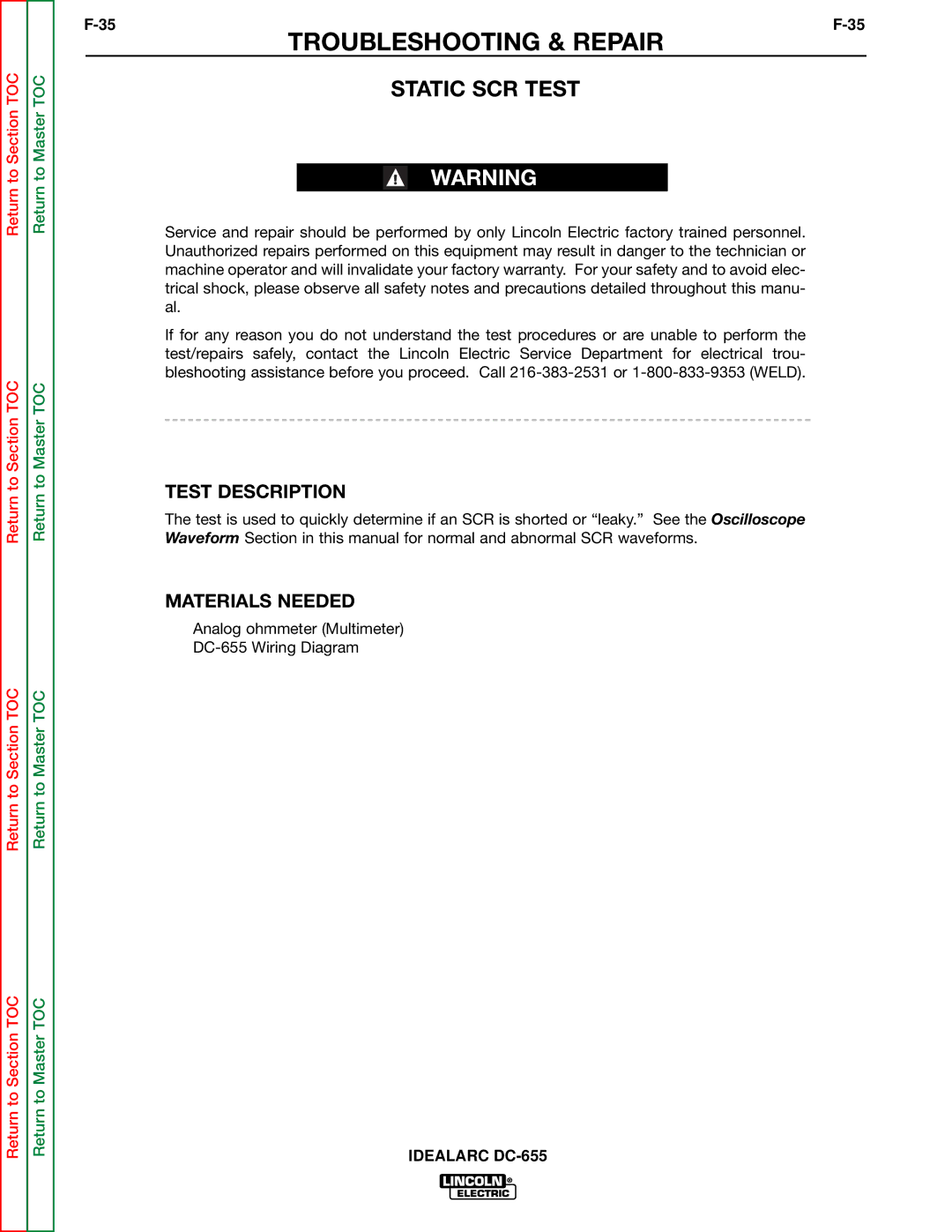 Lincoln Electric DC-655 service manual Static SCR Test, Test Description 